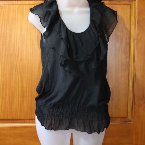 Miley Cyrus Max Azria Black Sheer Ruffle Top Fluttery Romantic Y2K Goth LG - Picture 2 of 9